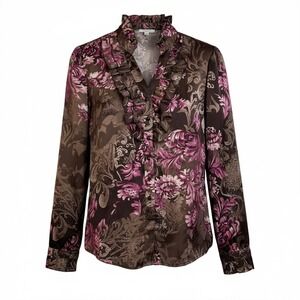 Agora Brown‎ Floral Ruffle Collar Long Sleeve Blouse Size M Regency Cottagecore